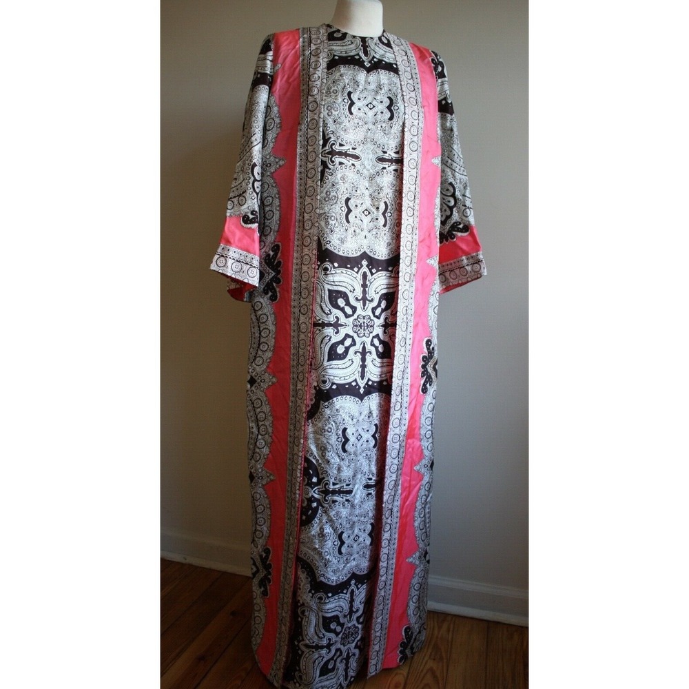 Vtg Georgie Keyloun M Layered Paisley Wrap Robe Caftan Hostess Dress Coral Pink